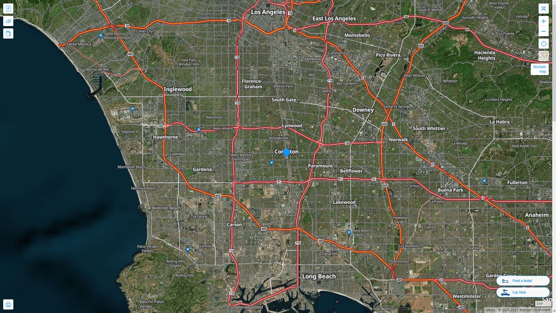 Compton California Highway and Road Map with Satellite View